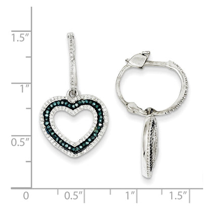 Sterling Silver Blue and White Diamond Heart Hinged Hoop Earrings