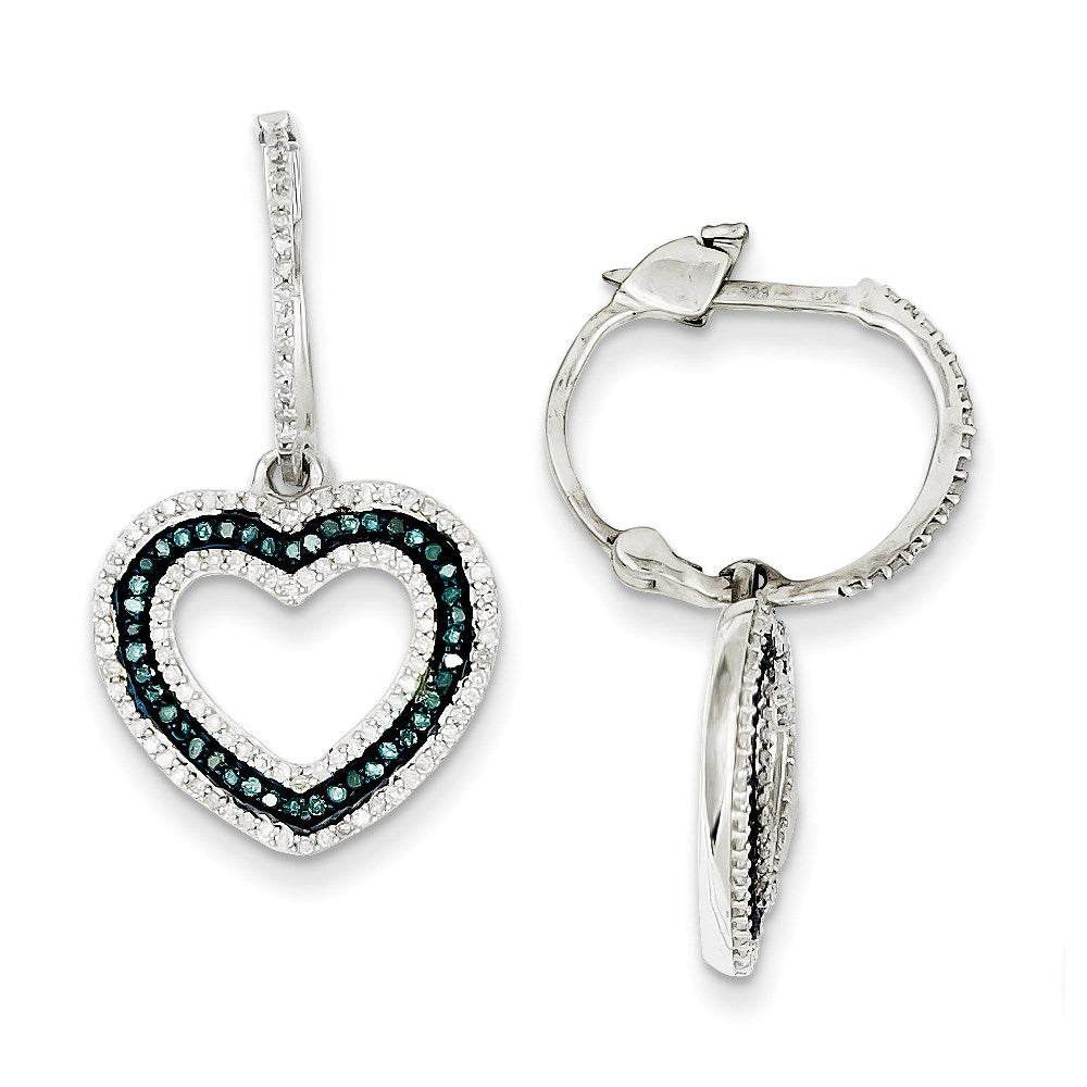 Sterling Silver Blue and White Diamond Heart Hinged Hoop Earrings