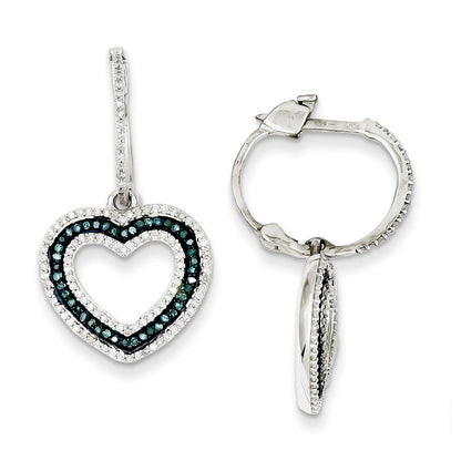 Sterling Silver Blue and White Diamond Heart Hinged Hoop Earrings