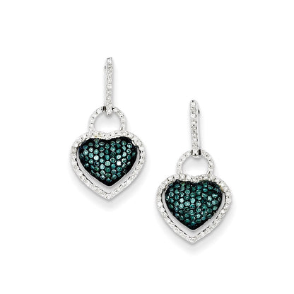 Sterling Silver Blue and White Diamond Heart Post Dangle Earrings