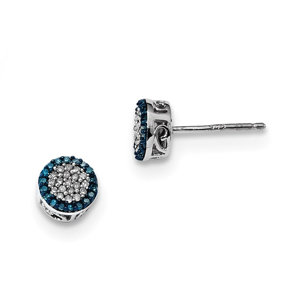 Sterling Silver Blue and White Diamond Round Post Earrings