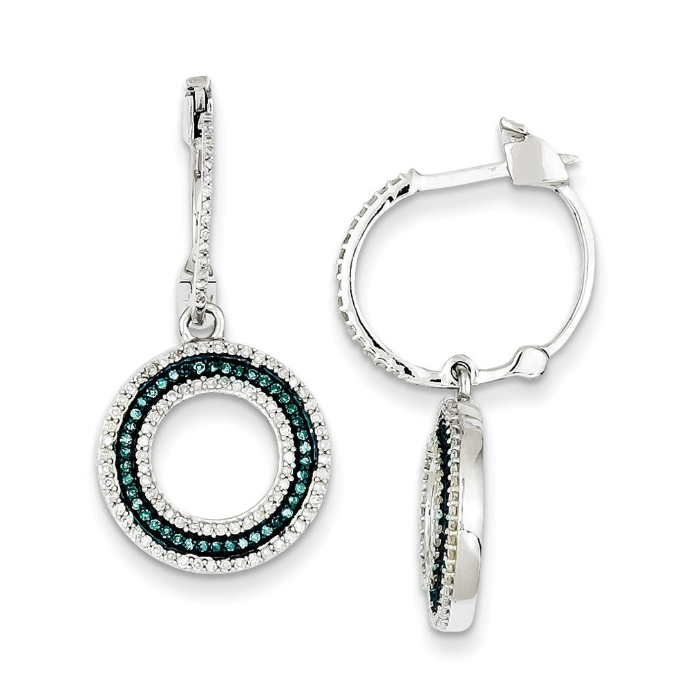 Sterling Silver Blue and White Diamond Circle Hinged Hoop Earrings