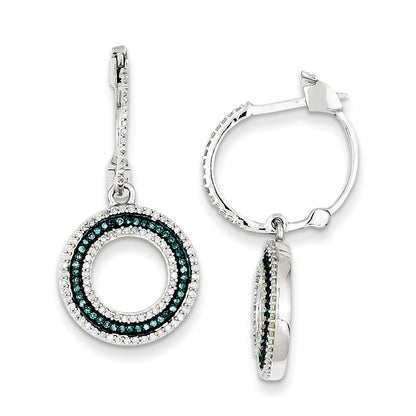 Sterling Silver Blue and White Diamond Circle Hinged Hoop Earrings