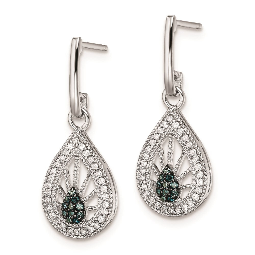 Sterling Silver Rhodium Plated Blue and White Diamond Post Earrings