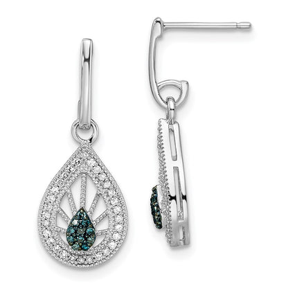 Sterling Silver Rhodium Plated Blue and White Diamond Post Earrings