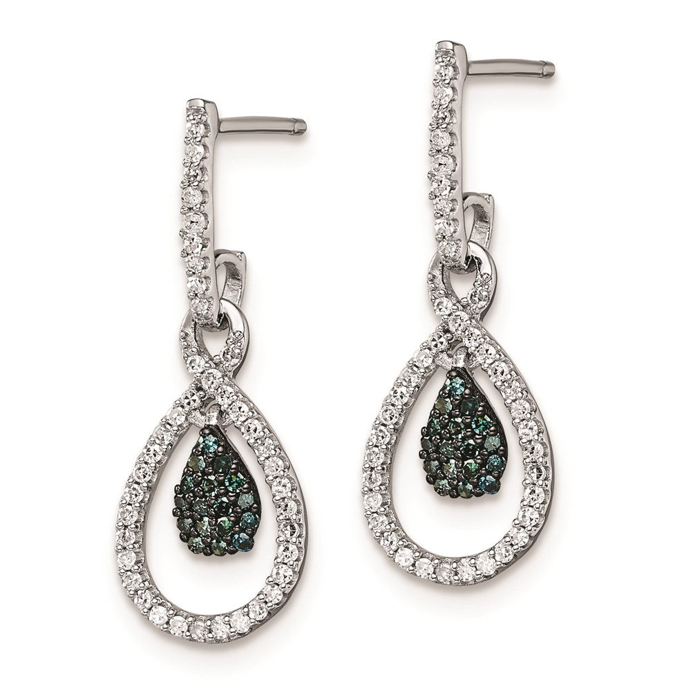 Sterling Silver Rhod Plated Blue and White Diamond Post Earrings