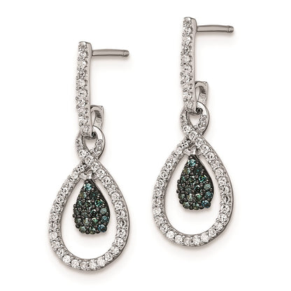 Sterling Silver Rhod Plated Blue and White Diamond Post Earrings