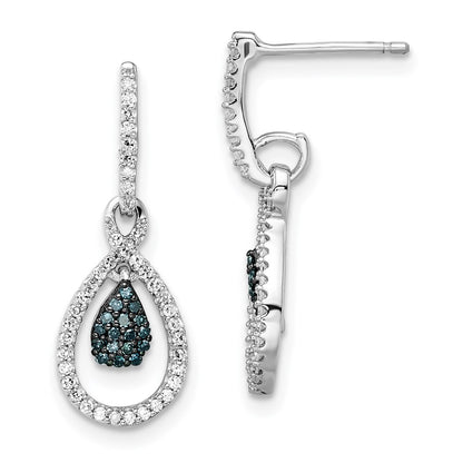 Sterling Silver Rhod Plated Blue and White Diamond Post Earrings