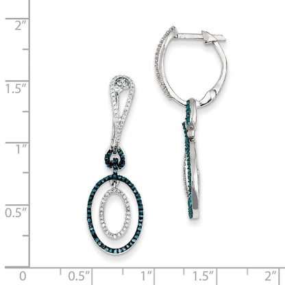 Sterling Silver Blue and White Diamond Oval Hinged Hoop Earrings