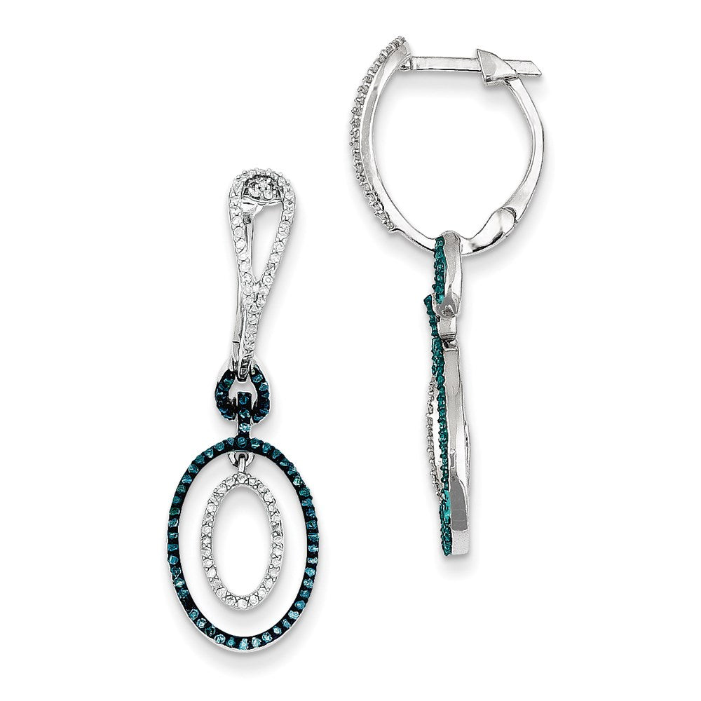 Sterling Silver Blue and White Diamond Oval Hinged Hoop Earrings