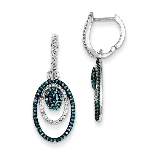 Sterling Silver Rhodium Plated Blue/White Diamond Oval Earrings