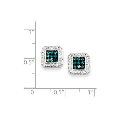 Sterling Silver with White/Blue Diamonds Square Post Earrings