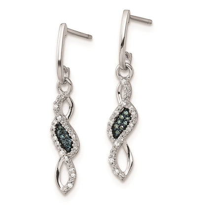 Sterling Silver Rhod Plated Blue and White Diamond Post Earrings