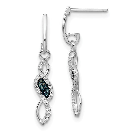 Sterling Silver Rhod Plated Blue and White Diamond Post Earrings