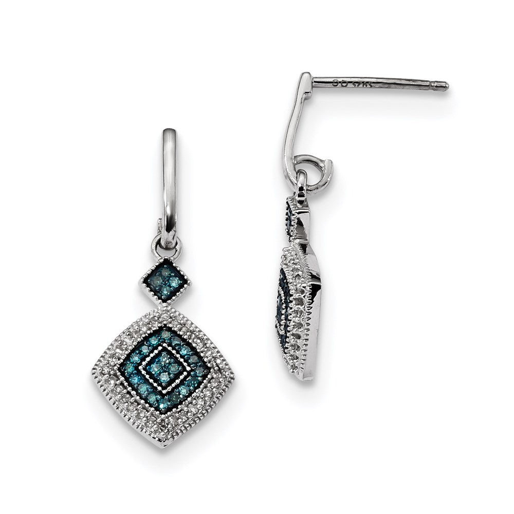 Sterling Silver Rhodium Plated Blue and White Diamond Post Earrings