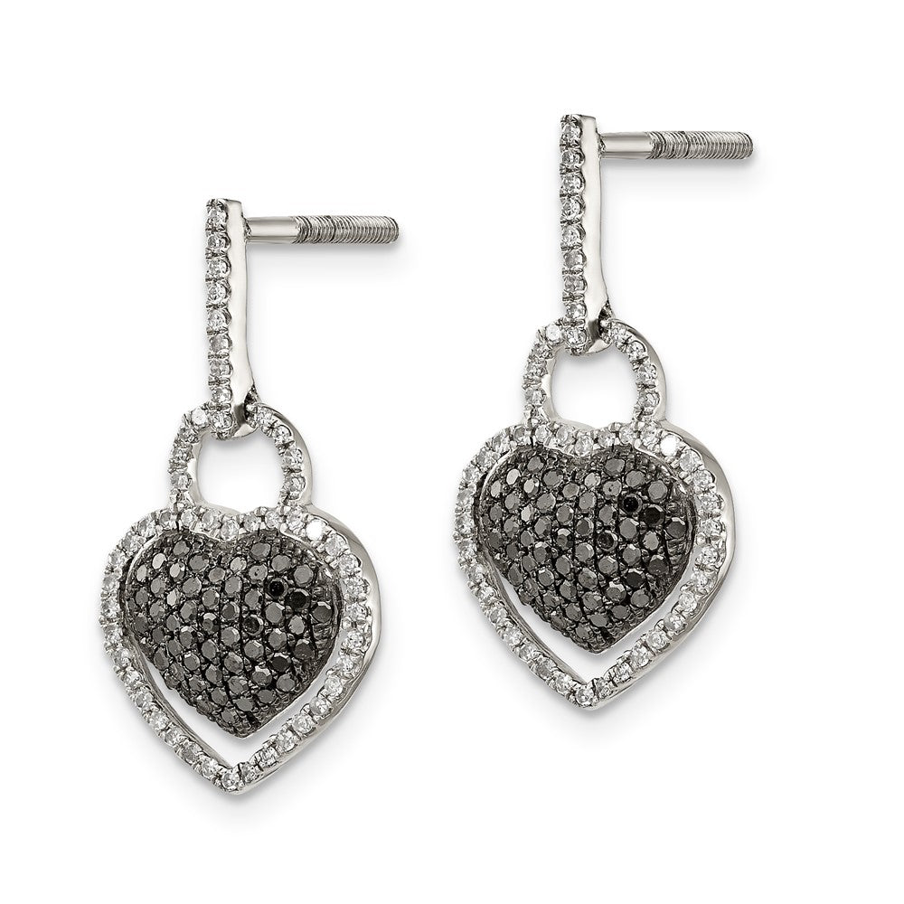 Sterling Silver Black and White Diamond Heart Post Dangle Earrings