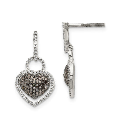 Sterling Silver Black and White Diamond Heart Post Dangle Earrings