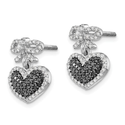 Sterling Silver Black and White Diamond Heart u0026 Bow Post Earrings