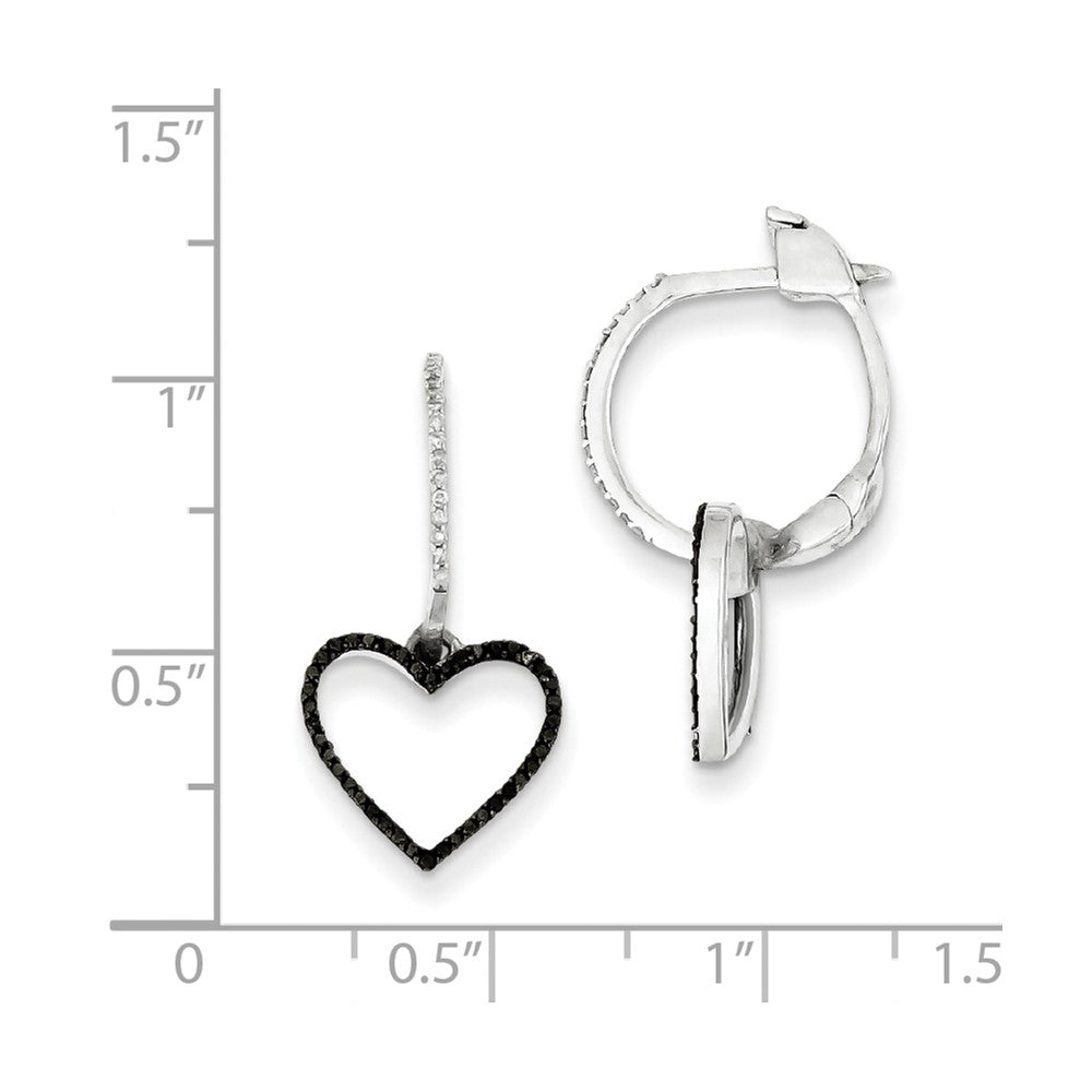 Sterling Silver Black and White Diamond Heart Hinged Hoop Earrings