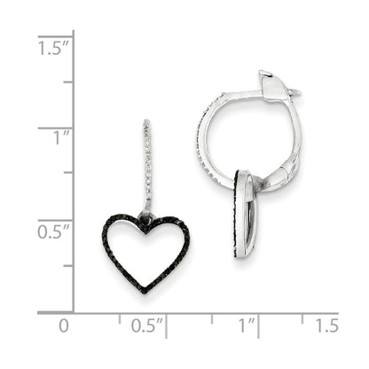 Sterling Silver Black and White Diamond Heart Hinged Hoop Earrings