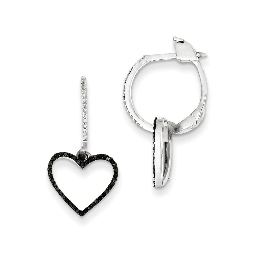 Sterling Silver Black and White Diamond Heart Hinged Hoop Earrings