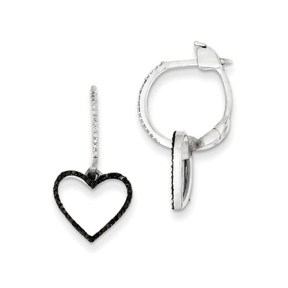 Sterling Silver Black and White Diamond Heart Hinged Hoop Earrings
