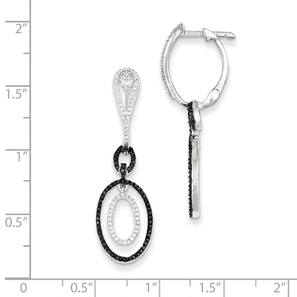 Sterling Silver Black and White Diamond Oval Hinged Hoop Earrings