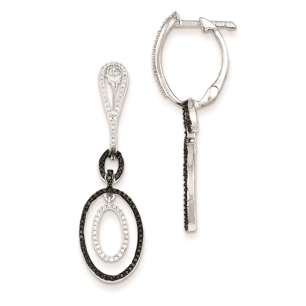 Sterling Silver Black and White Diamond Oval Hinged Hoop Earrings