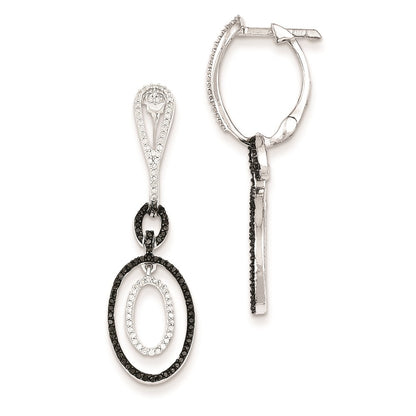 Sterling Silver Black and White Diamond Oval Hinged Hoop Earrings