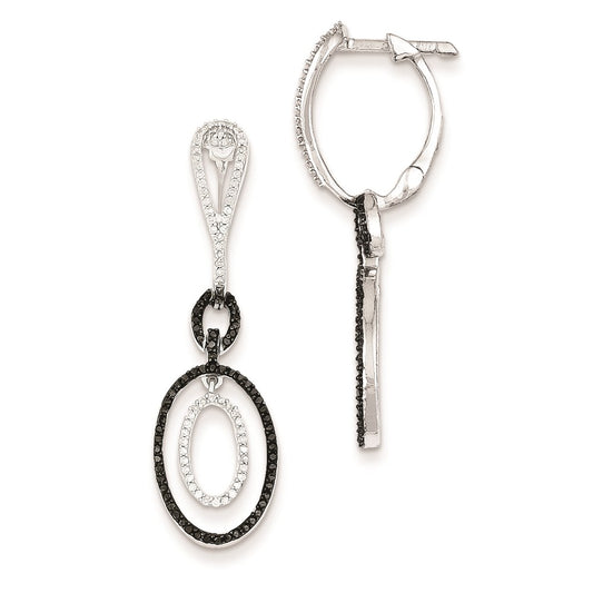 Sterling Silver Black and White Diamond Oval Hinged Hoop Earrings