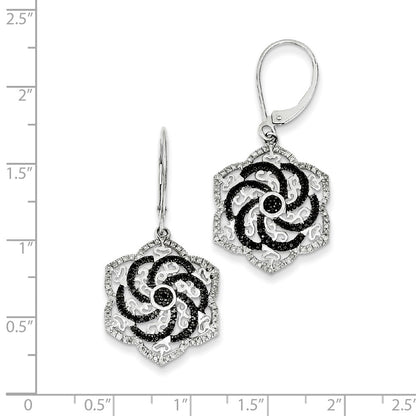 Sterling Silver Rhodium Plated Black u0026 White Diamond Flower Earrings