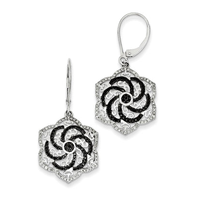 Sterling Silver Rhodium Plated Black u0026 White Diamond Flower Earrings