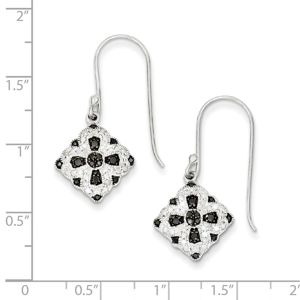 Sterling Silver Black/White Diamond Square Shepherd Hook Earrings