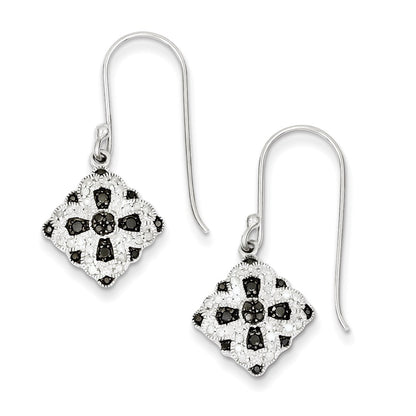 Sterling Silver Black/White Diamond Square Shepherd Hook Earrings
