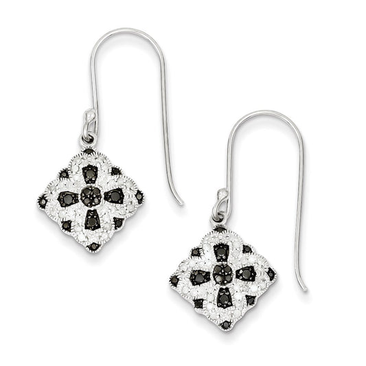 Sterling Silver Black/White Diamond Square Shepherd Hook Earrings