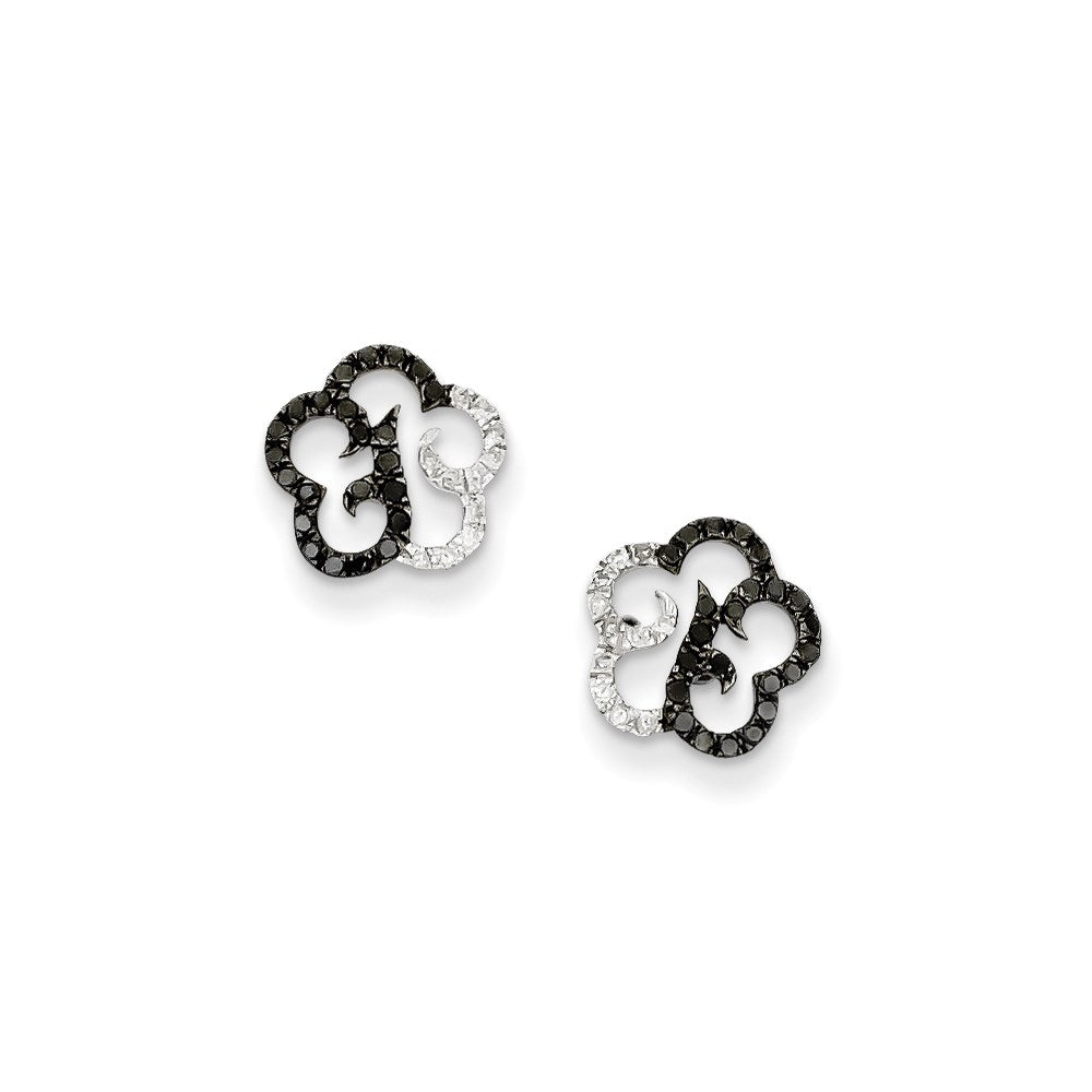 Sterling Silver Black u0026 White Diamond Flower Post Earrings