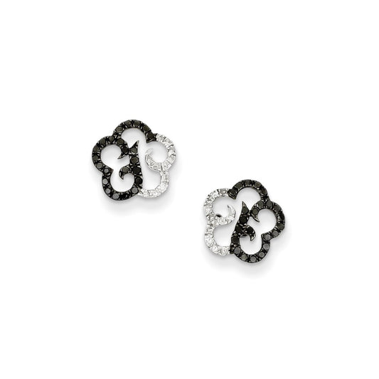 Sterling Silver Black u0026 White Diamond Flower Post Earrings