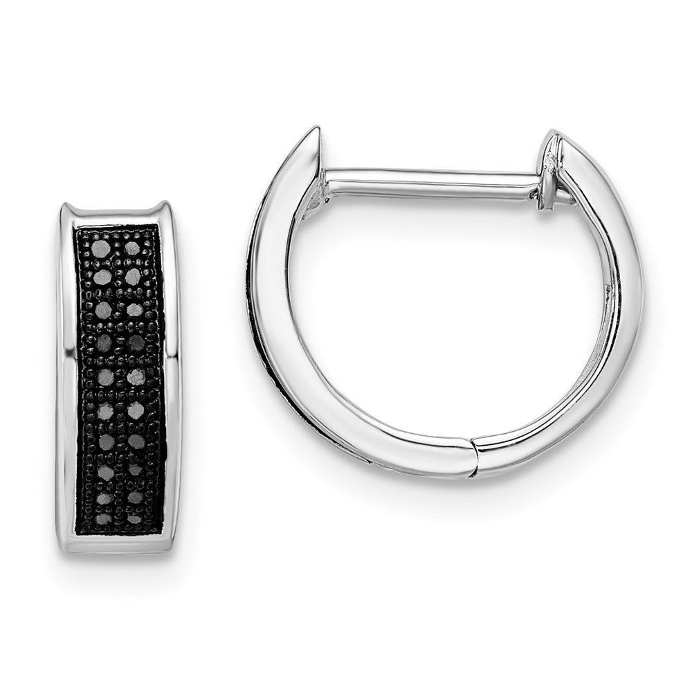 Sterling Silver Rhod Plated Black Diamond Hoop Earrings