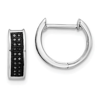 Sterling Silver Rhod Plated Black Diamond Hoop Earrings