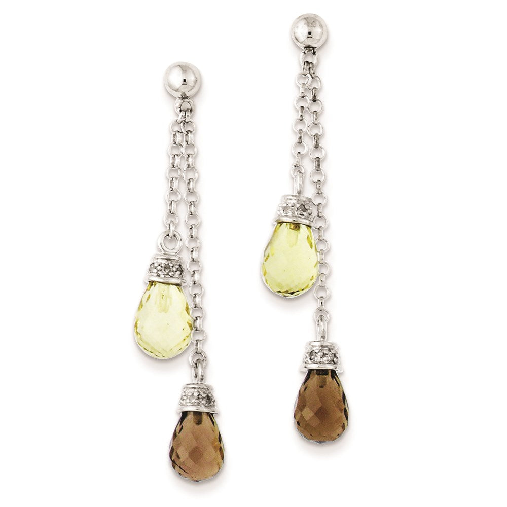 Sterling Silver Lemon Quartz u0026 Smoky Quartz u0026 Diamond Dangle Earrings