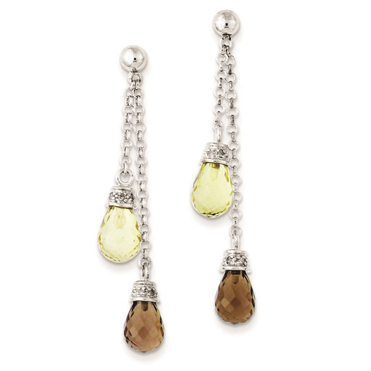 Sterling Silver Lemon Quartz u0026 Smoky Quartz u0026 Diamond Dangle Earrings