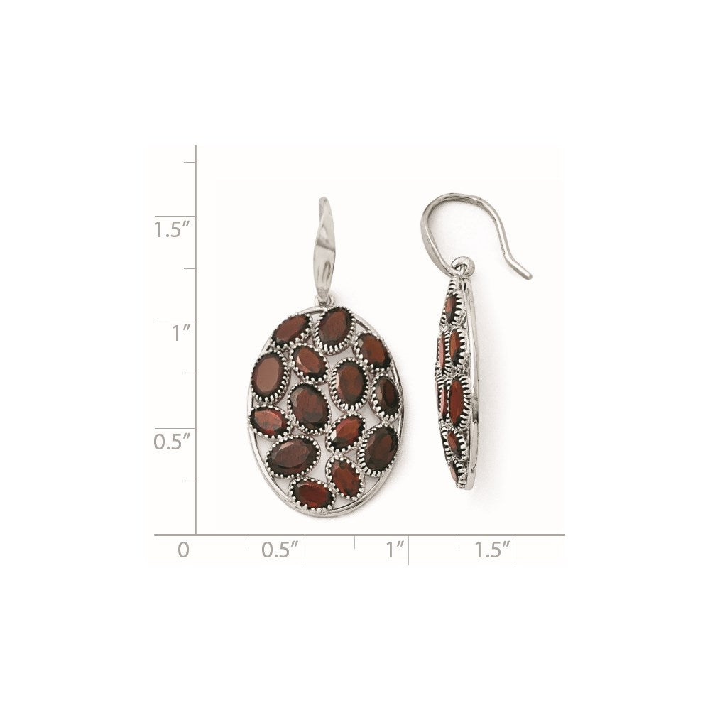 Sterling Silver Rhodium Plated Oval Garnet Earrings