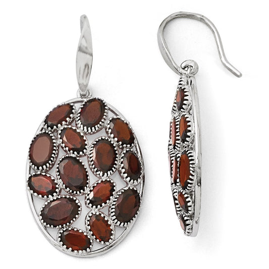 Sterling Silver Rhodium Plated Oval Garnet Earrings