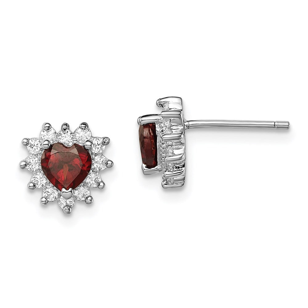Sterling Silver Garnet and CZ Heart Earrings