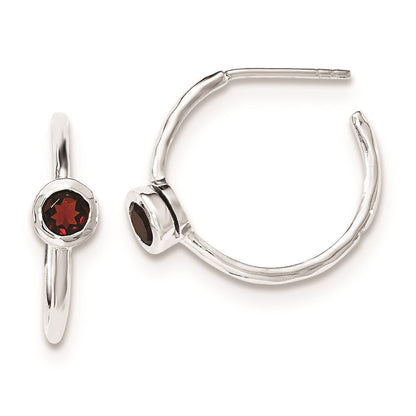 Sterling Silver Rhodium-plated w/Garnet Post Hoop Earrings