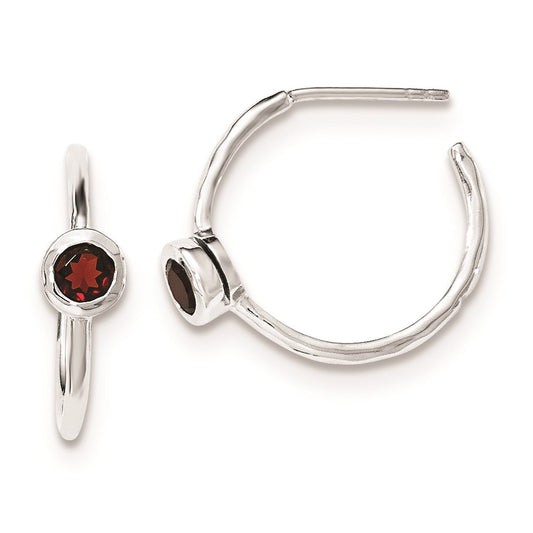Sterling Silver Rhodium-plated w/Garnet Post Hoop Earrings