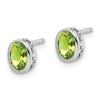 Sterling Silver Rhodium-plated Polished Peridot Oval Post Earrings