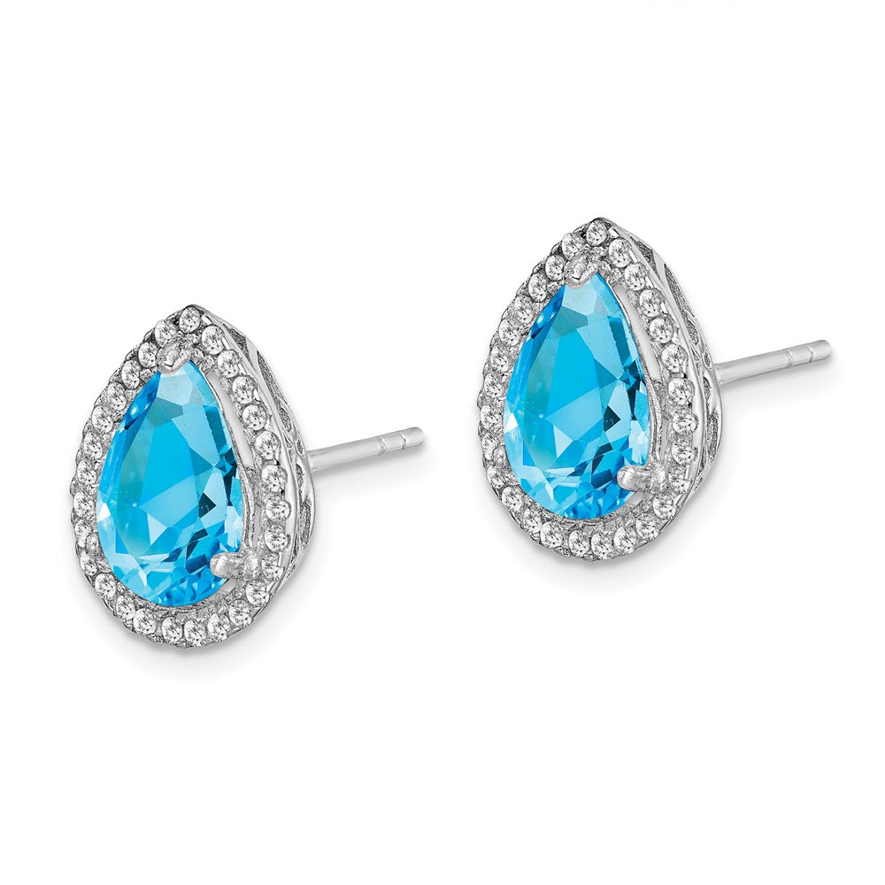 Sterling Silver Rhodium Polished Blue Topaz u0026 CZ Post Earrings