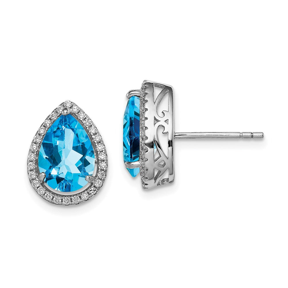 Sterling Silver Rhodium Polished Blue Topaz u0026 CZ Post Earrings