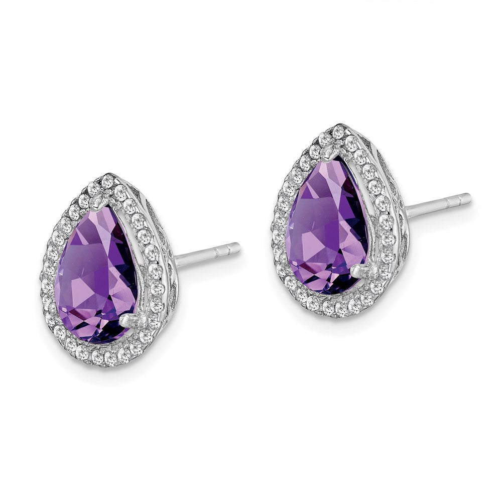 Sterling Silver Rhodium Polished Amethyst u0026 CZ Post Earrings